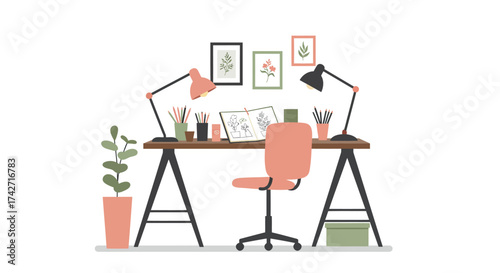 Cozy home office with modern desk and botanical decor