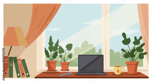 Cozy home workspace with laptop and plants by a sunny window