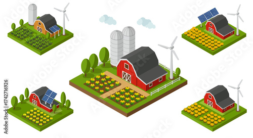 Sustainable farm with wind turbines, solar panels, and green fields in isomet…