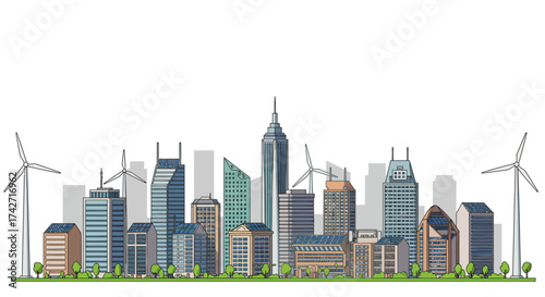 Sustainable urban skyline with green energy elements in eco-friendly cityscape