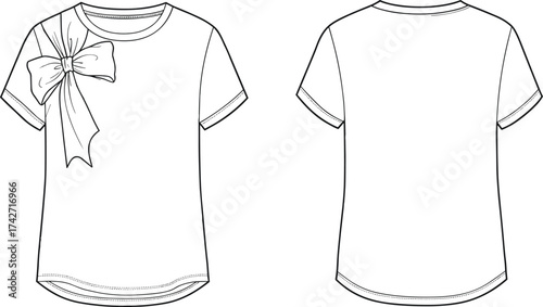 T-shirt with bow flat sketch, front and back casual top drawing, vector apparel template, CAD clothing design, fashion illustration