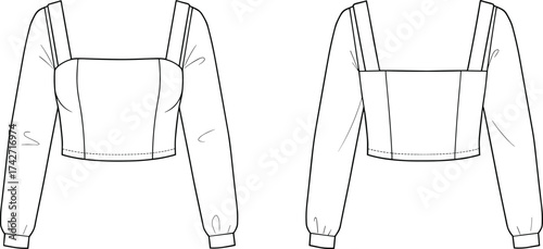 Square neckline cropped top flat sketch, front and back technical fashion drawing, vector apparel template, CAD clothing design, stylish garment illustration