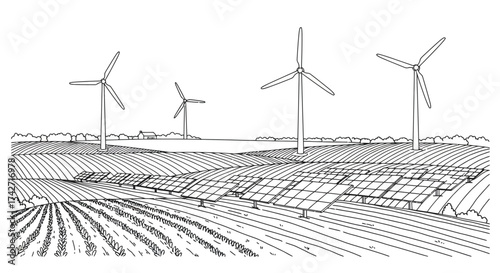 Sustainable energy: solar panels and wind turbines in a linear landscape