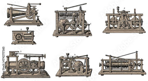 Vintage engraving of antique mechanical devices with intricate gears and pulleys