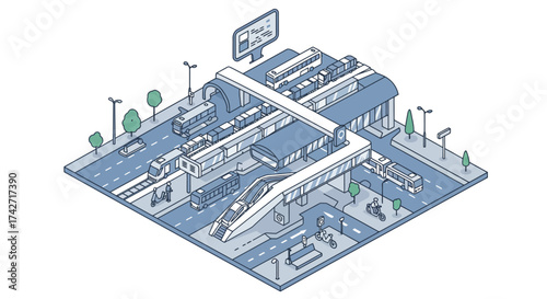 Modern urban transport hub isometric design with buses and trains