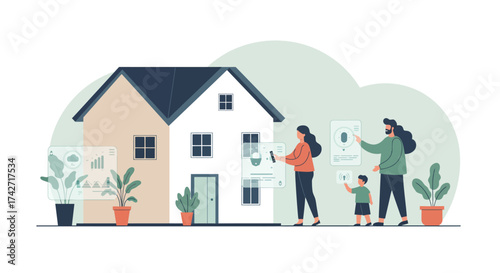 Family interacting with smart home technology in minimalist setting