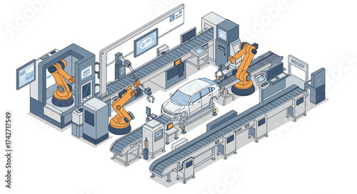 Modern isometric car manufacturing line with robotic arms and assembly conveyors