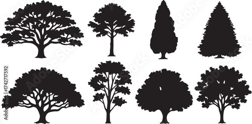 Illustration of collection of tree silhouettes for design use