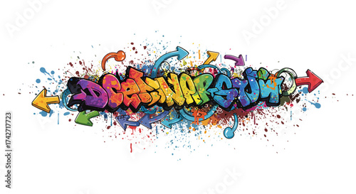 Bold graffiti art with colorful splatter and arrow elements