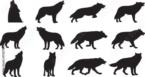 Illustration of collection of wolf silhouettes in various poses