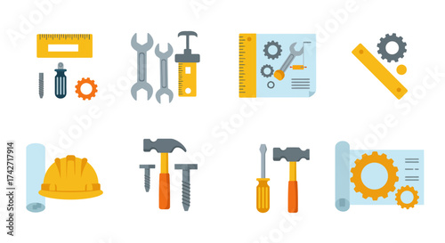 Colorful tools and construction icons set for projects and design