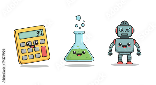 Adorable cartoon calculator, beaker, and robot with faces
