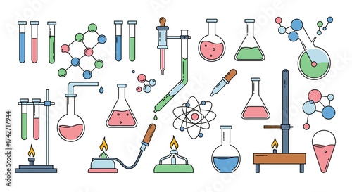 Colorful chemistry equipment icons set featuring test tubes and molecules