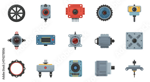 Industrial gear and machine element icons in flat design for engineering proj…