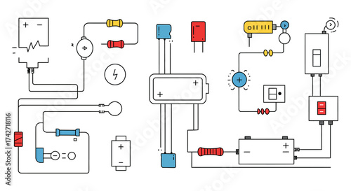 Minimalist circuit diagram with electrical components and colorful symbols