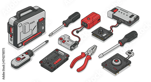 Isometric electronic repair tools kit with screwdrivers and pliers
