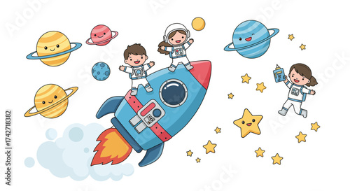 Cute kids in space adventure with smiling planets and rocket