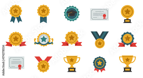 Flat achievement icons collection with awards, certificates, and trophies
