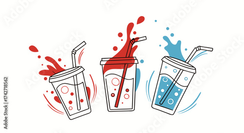 Refreshing drinks with colorful splashes and straws perfect for summer, party, or menu design

