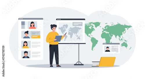 Businesswoman presenting global marketing strategy with online profiles and w…