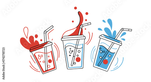 Refreshing drinks with colorful splashes and straws perfect for summer, party, or menu design

