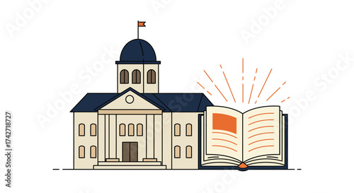 Academic building with open book and dome illustrating knowledge and educatio…