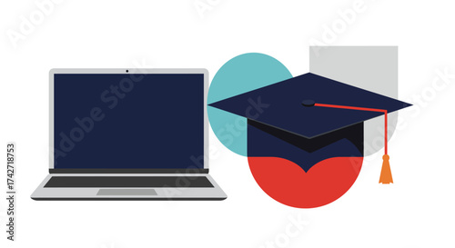 Modern flat design of laptop and graduation cap highlighting online learning