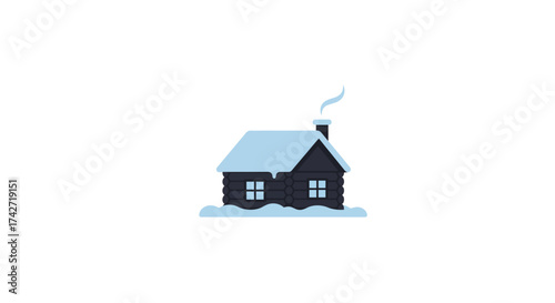 Cozy winter cabin in snowy landscape with smoke from chimney