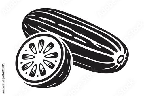 Monochrome Armenian Cucumber Design with Halved Cut on White Background