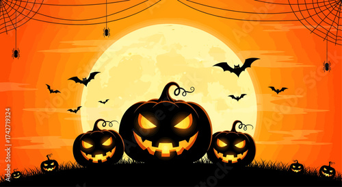 Spooky halloween night with jack o lanterns bats and full moon vector