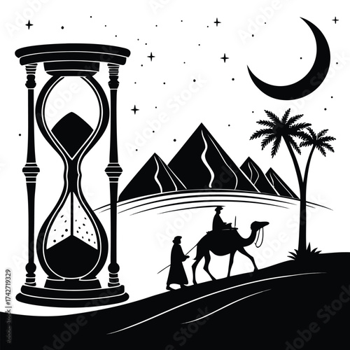 The antique hourglass illustration with sand on the beach is a perfect icon to symbolize the passing of time and a business deadline concept