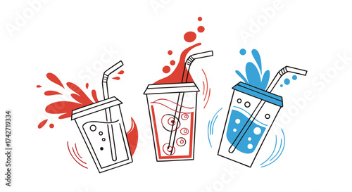 Refreshing drinks with colorful splashes and straws perfect for summer, party, or menu design

