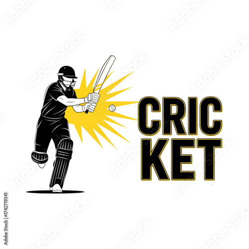 Dynamic cricket player in action batting with explosive energy and the word cricket vector