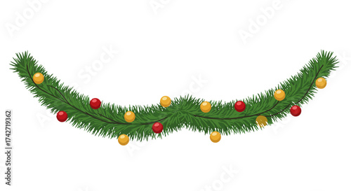 Festive garland with pine branches and colorful baubles on white background