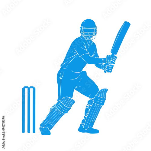 Dynamic silhouette of a cricketer batting with wicket in bright blue color vector