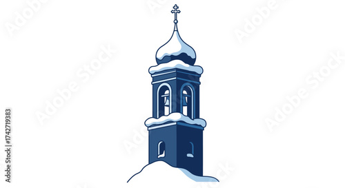 Snow-covered church tower with winter bell architecture design