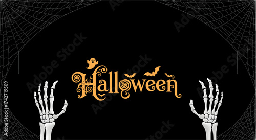Spooky halloween greeting with skeleton hands and ornamental flourishes for festive celebrations vector