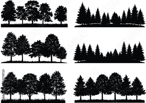 Silhouette tree collection with conifer and deciduous groupings, grassy bases, forest clusters, botanical elements, outdoor landscape, environmental concept art