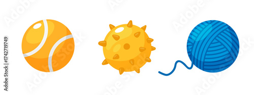 Cartoon illustration of colorful pet toys including various balls for dogs and cats, isolated on a white background. 