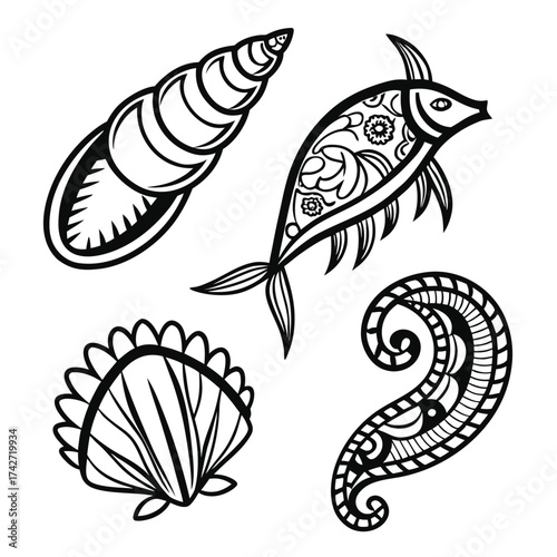 set of black and white fishes