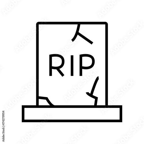 Minimalist line art icon of a tombstone with the letters "RIP" inscribed on it. Halloween grave symbol, cemetery headstone illustration for spooky design, gothic decor, and holiday graphics
