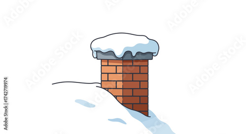 Snow-covered red brick chimney in winter scene
