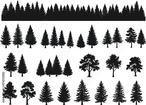 Silhouette tree collection with conifer and deciduous forms, dense forest line, broad canopies, pointed tops, outdoor landscape, environmental art
