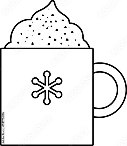 Christmas mug with snowflake pattern and whipped cream outline isolated.
Winter drink and sweet children's coloring pages with template.
Transparent background.