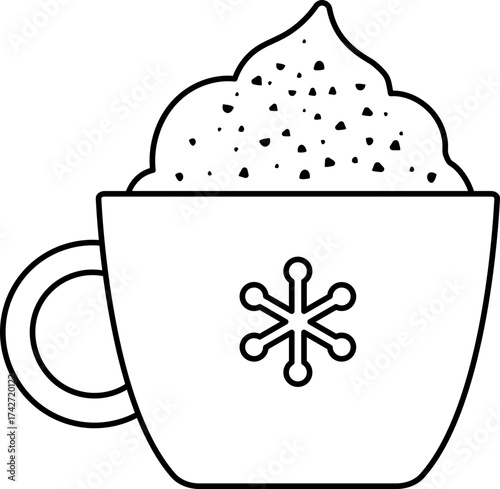 Christmas mug with snowflake pattern and whipped cream outline isolated.
Winter drink and sweet children's coloring pages with template.
Transparent background.