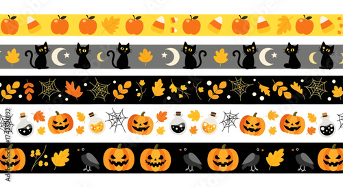 Halloween decorative border ribbons with pumpkins ghosts cats and spiders for crafts vector
