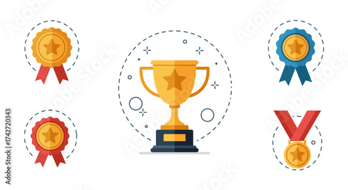 Flat style trophy and award icons with medals and ribbons