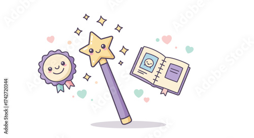 Cute magical elements with star wand, medal, and journal in pastel colors