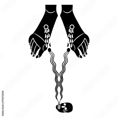 Bleeding feet of Jesus Christ and human skull. Christian symbol of sin and redemption. Black and white silhouette.