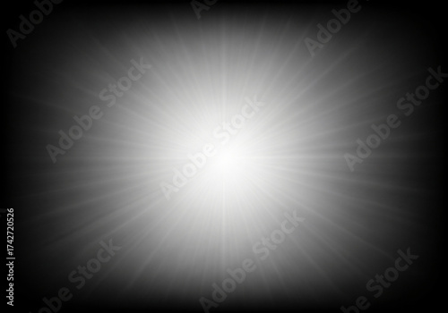 Black and white radial vignette abstract background. Smooth monochrome gradient from bright center glow to dark edges. black border shading.